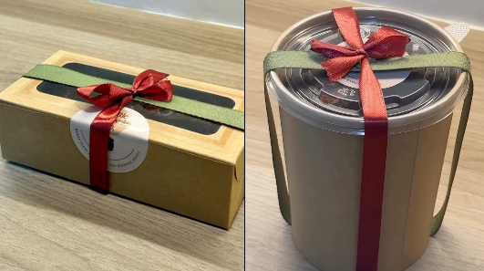 Brownie loaf box and tin, ribbon-tied