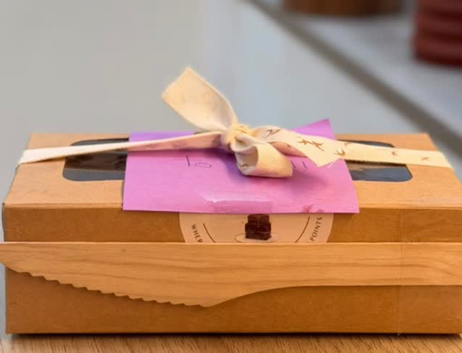 Ribbon-tied wooden brownie gift box